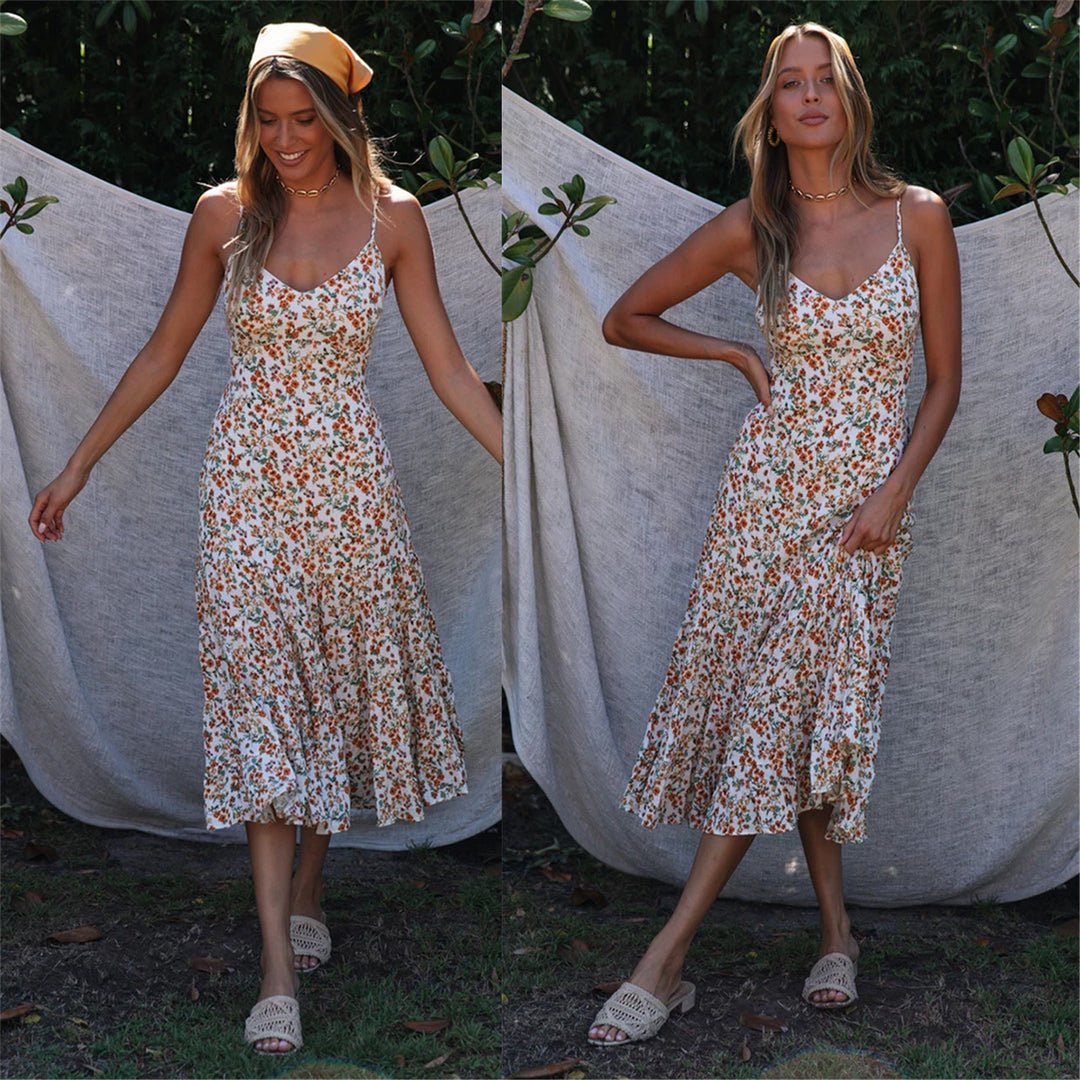 Damen Midi-Kleid mit floralen Rüschen und schwingendem Rock Drune