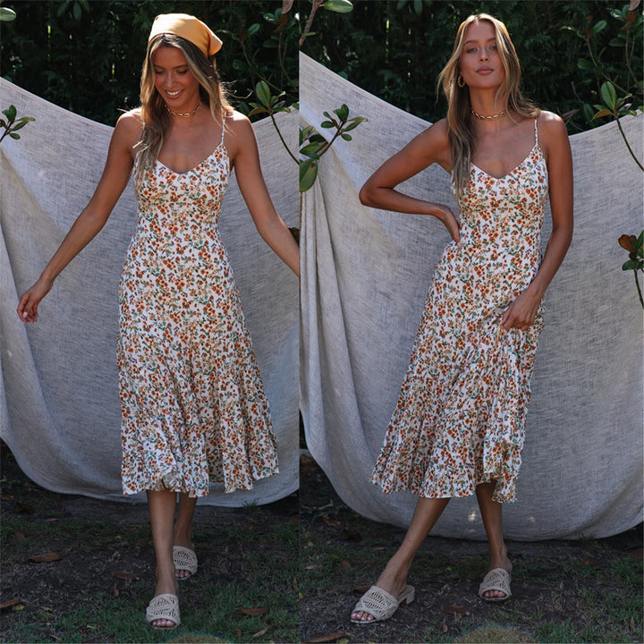 Damen Midi-Kleid mit floralen Rüschen und schwingendem Rock Drune