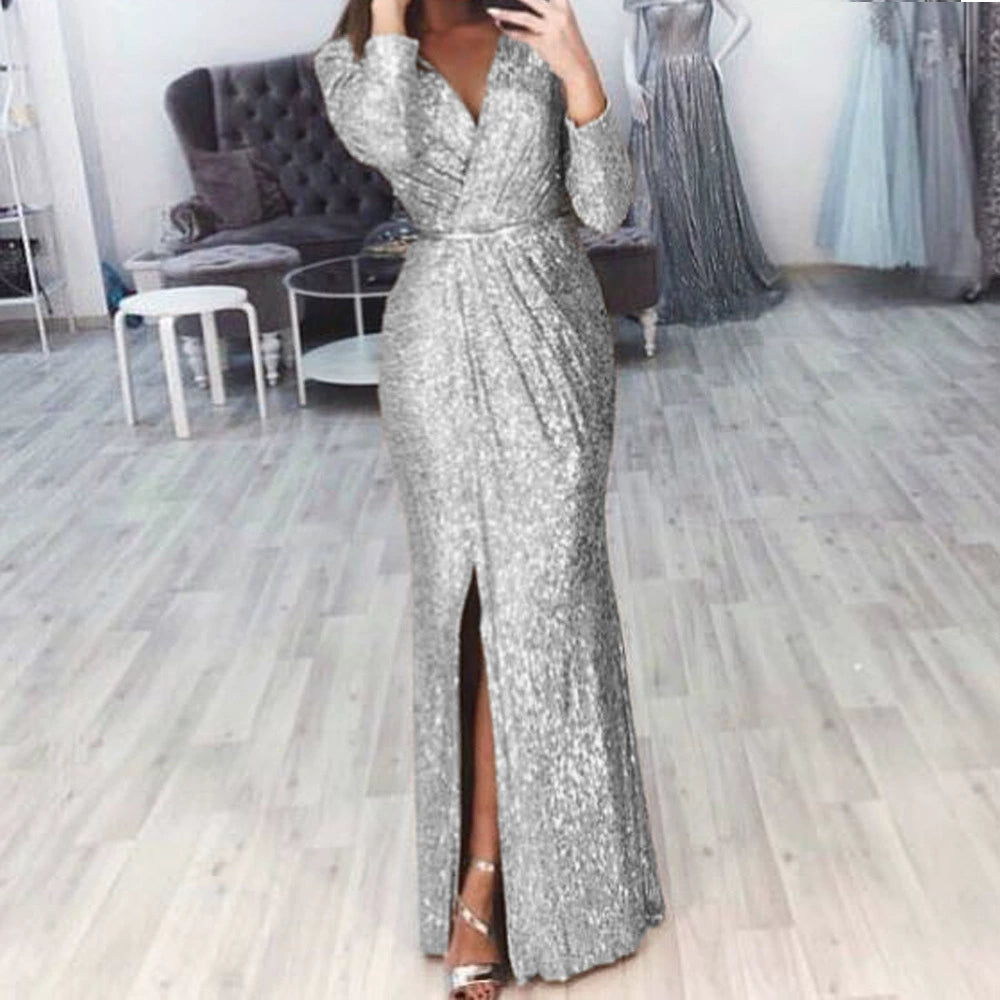 Damen Maxi-Kleid mit funkelndem Glitzer und weitem Rock Drune