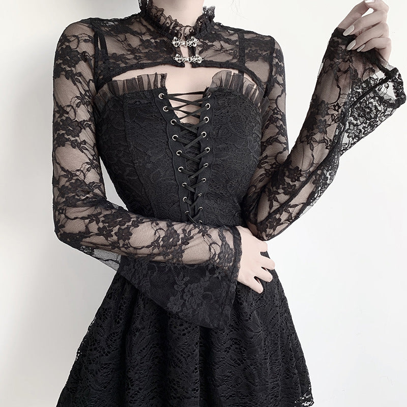 Damen Spitzenoberteil mit eleganten langen Ärmeln Drune