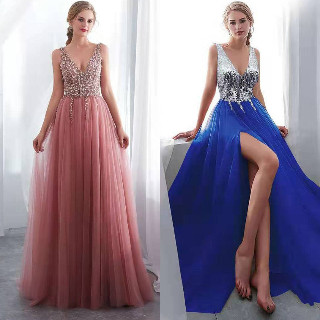Damen Elegantes Maxikleid mit schimmerndem Oberteil und hohem Schlitz Drune