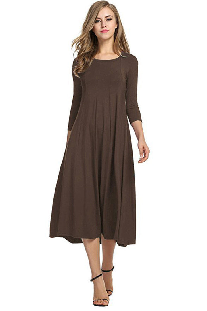 Drune | Quadrat-Ausschnitt 3/4-Lange Uni-Farbe Midi-Kleid