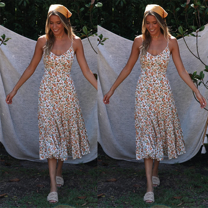 Damen Midi-Kleid mit floralen Rüschen und schwingendem Rock Drune