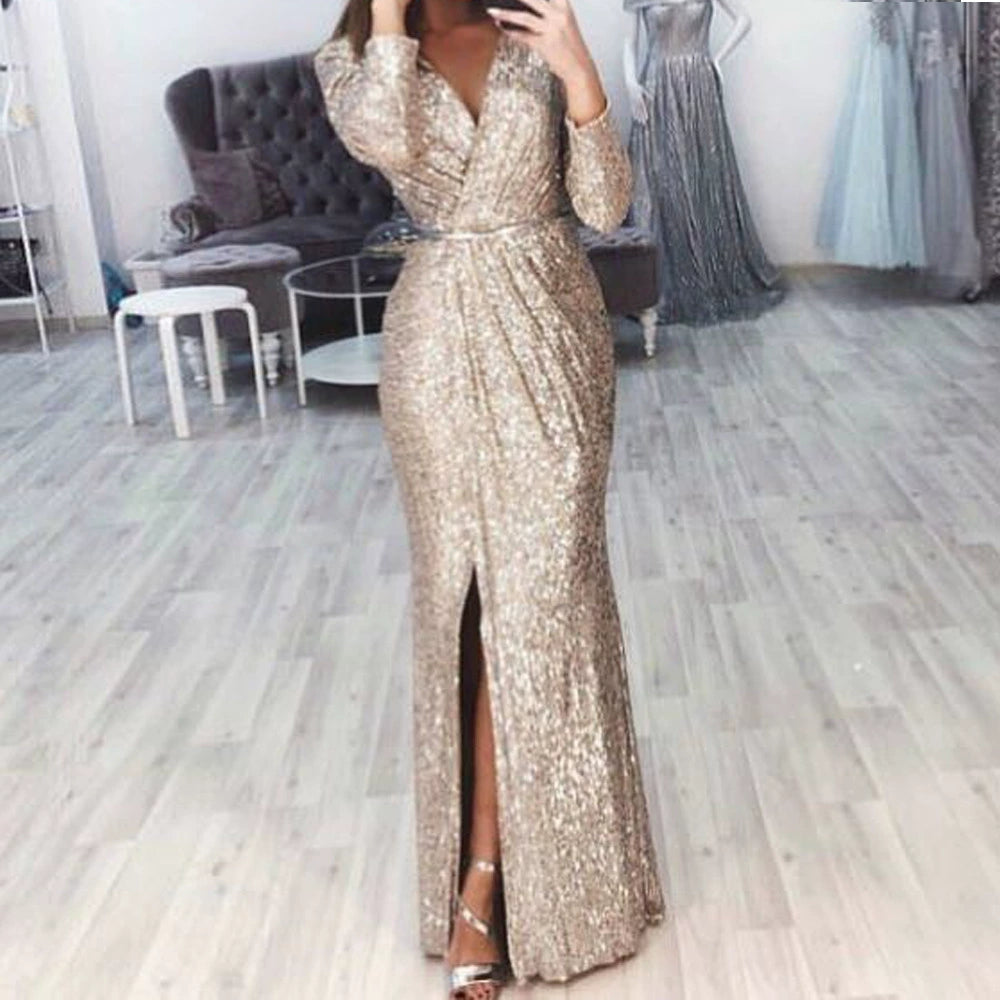 Damen Maxi-Kleid mit funkelndem Glitzer und weitem Rock Drune