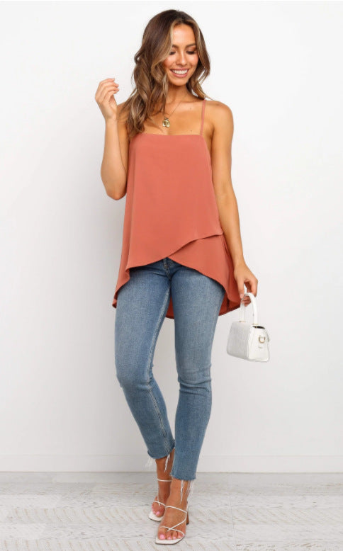 Damen asymmetrisches Chiffon-Oberteil mit feinen Spaghetti-Trägern Drune