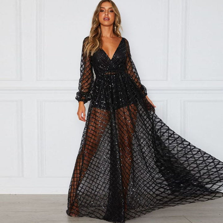 Damen Elegantes Transparenzkleid mit glanzvollen Akzenten Drune