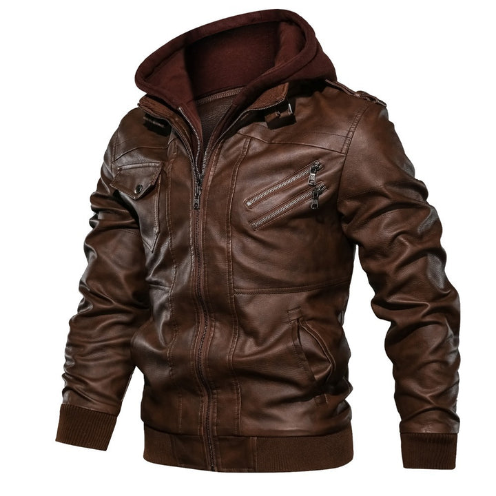 Herren lässige Lederjacke mit abnehmbarer Kapuze und funktionalen Taschen Drune