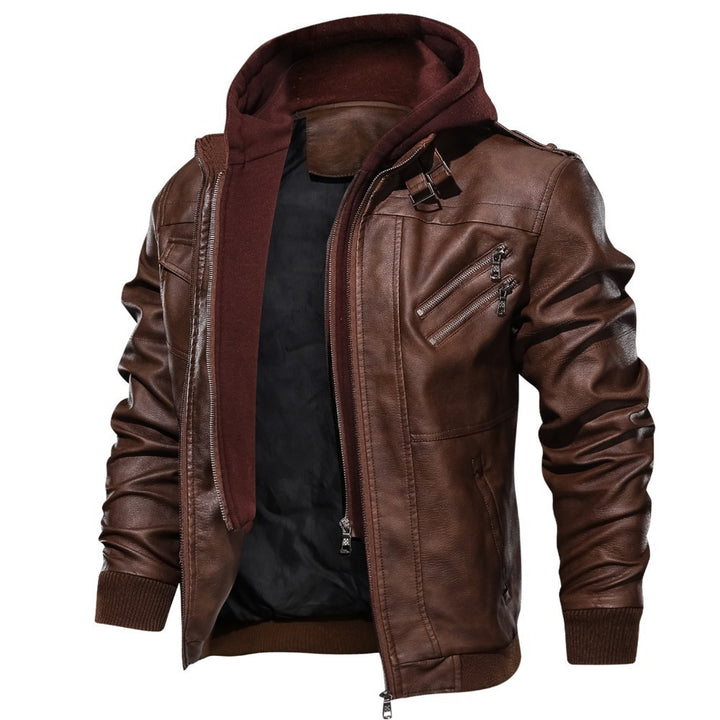 Herren lässige Lederjacke mit abnehmbarer Kapuze und funktionalen Taschen Drune