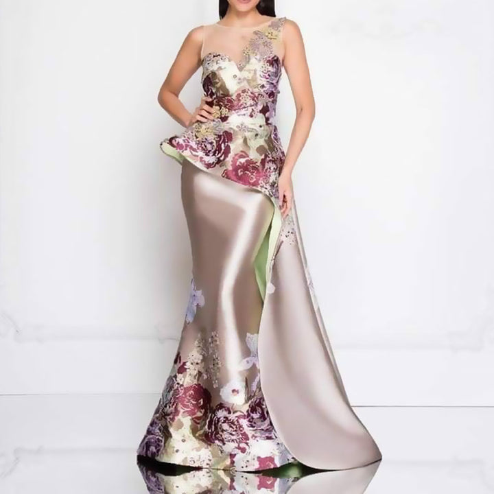 Damen Elegantes Maxikleid mit floralen Applikationen und asymmetrischem Saum Drune