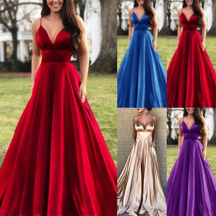 Damen A-Linien Abendkleid mit tiefem Ausschnitt und schmalen Trägern Drune