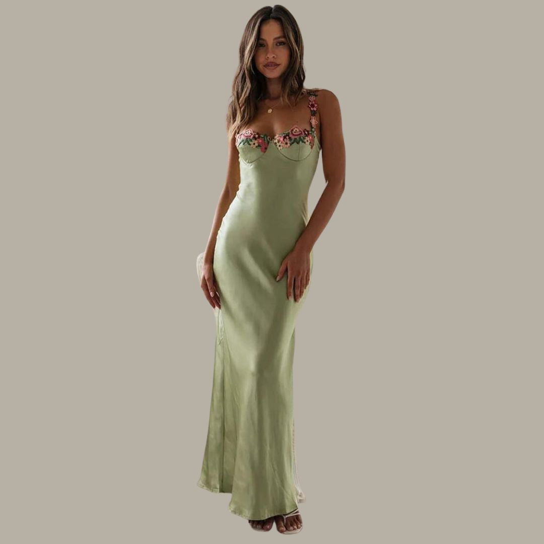 Drune | Blume Bootsausschnitt Hoher Schlitz Satin Schlank Garten Party Slip Maxikleider