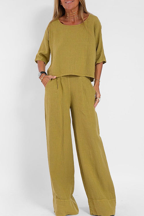 Drune | Rosiedress Rundhals 3/4 Ärmel Pullover Weite Beinhosen Baumwolle Leinen Set