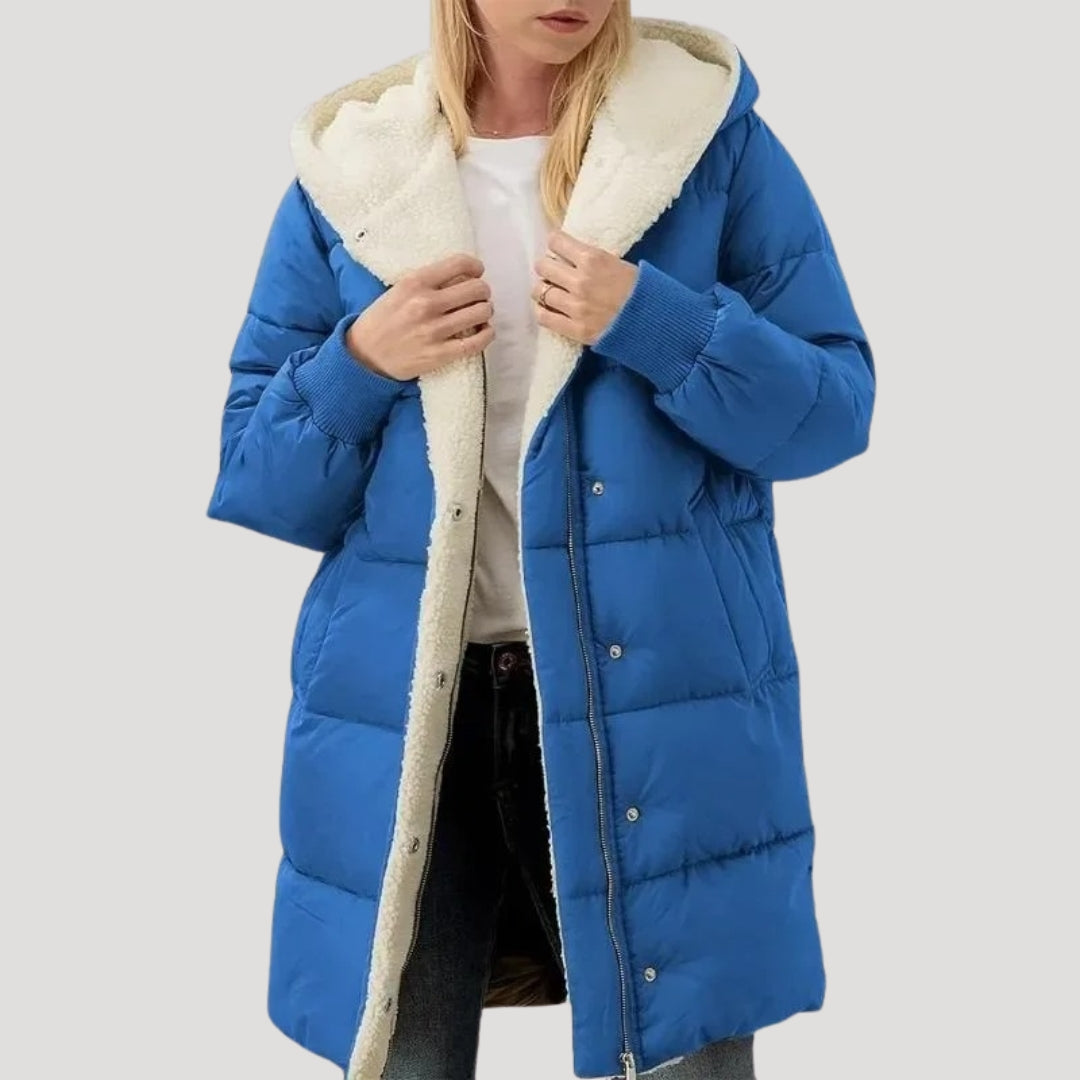 Drune | Damen langer Puffermantel – mit Kunstfell gefütterte Winterjacke