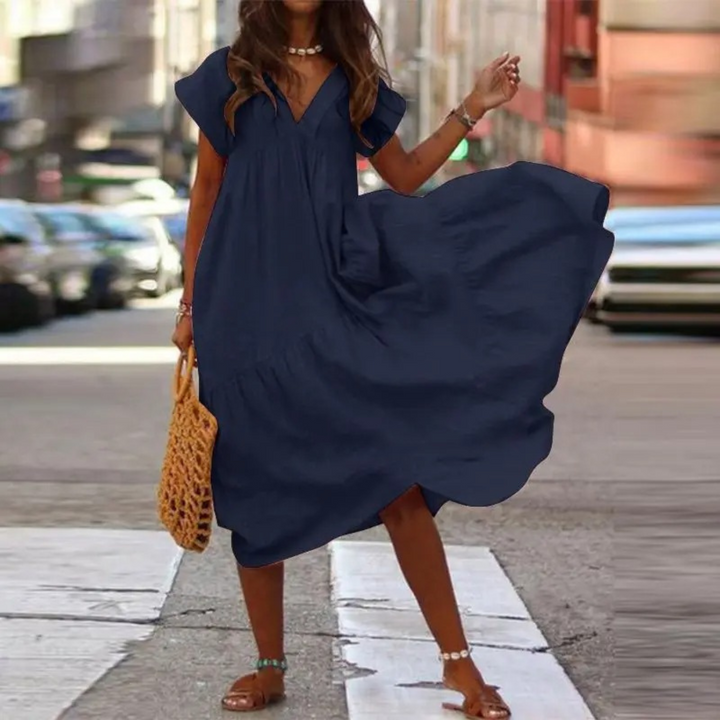 Drune – Blusenkleid im Maxi-Stil mit V-Ausschnitt und Rüschen