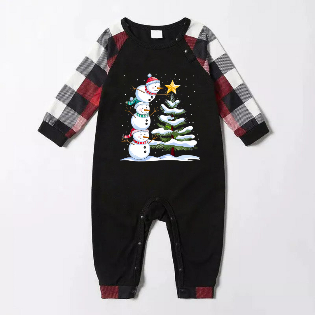 Drune | Rote und graue karierte Weihnachts-Pyjama-Set mit Schneemann- und Weihnachtsbaum-Print