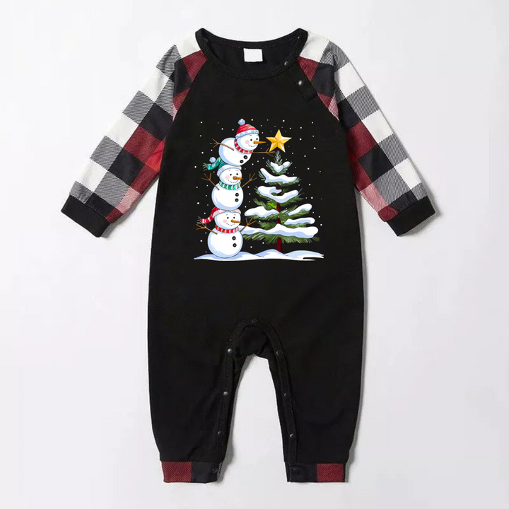 Drune | Rote und graue karierte Weihnachts-Pyjama-Set mit Schneemann- und Weihnachtsbaum-Print