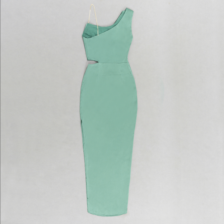 Asymmetrisches, figurbetontes Maxikleid mit hohem Schlitz | Grün