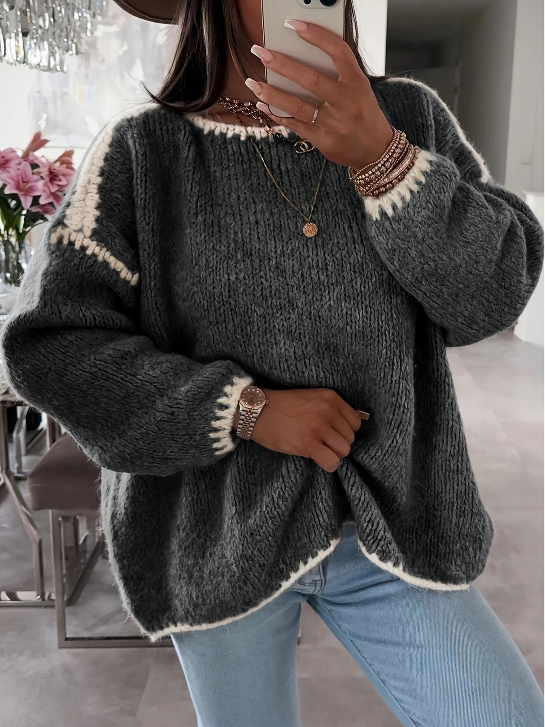 Drune | Lockere Strickpullover Weich und Gemütlich Einzigartige Häkel-details
