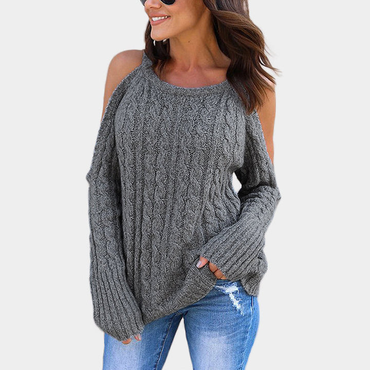 Damen Strickpullover mit offenem Schulterdesign und Zopfstrickmuster Drune