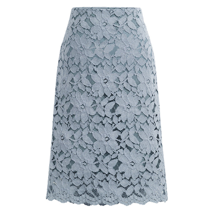 Damen nan knielanger A-Linien Spitzenrock mit floraler Applikationsspitze, hoher Taille und gewelltem Saum Drune