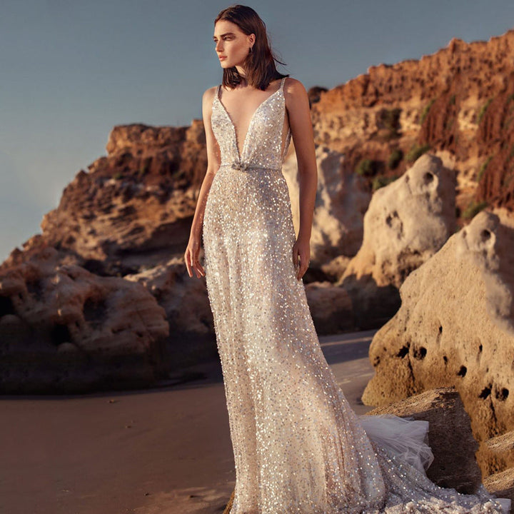 Drune | V-Ausschnitt Ärmelloses Taillensammlungs Silber Paillette Slip Dress