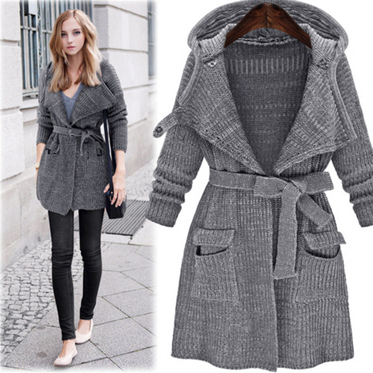 Damen Strickmantel mit Kapuze und praktischen Taschen Drune