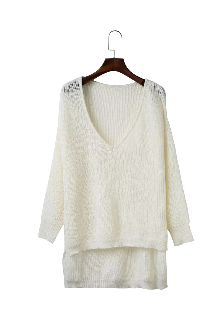 Damen lockerer Strickpullover mit tiefem V-Ausschnitt und offenem Rücken Drune