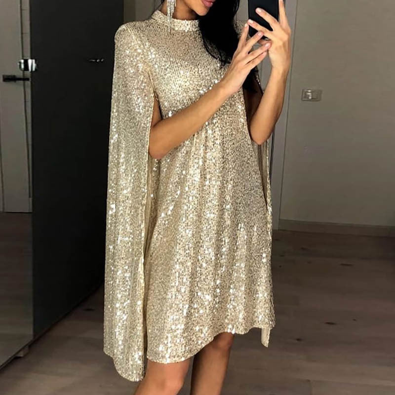 Damen Pailletten-Kleid mit funkelndem Cape-Design und elegantem Schnitt Drune
