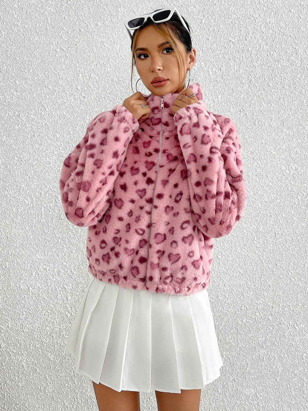 Drune | Kunstpelzjacke - Herzdruckdesign - Weiche Polyester-Mischung - Trendige Freizeitoberbekleidung