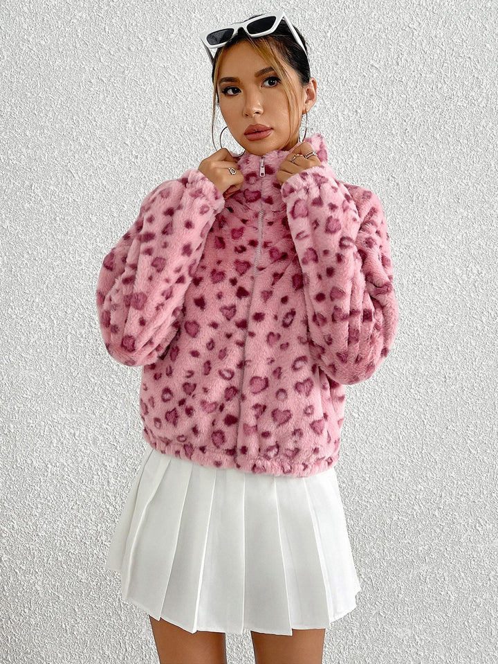 Drune | Kunstpelzjacke - Herzdruckdesign - Weiche Polyester-Mischung - Trendige Freizeitoberbekleidung