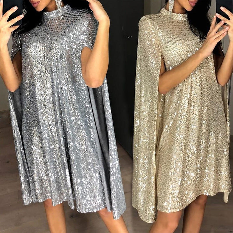 Damen Pailletten-Kleid mit funkelndem Cape-Design und elegantem Schnitt Drune