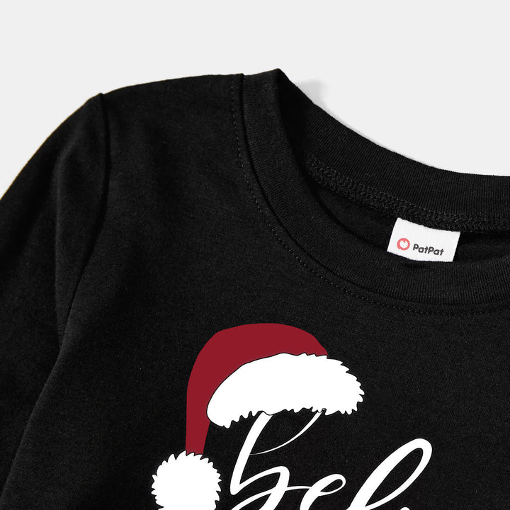 Drune | Weihnachtsmütze und 'Believe' Buchstabenprint gemustertes Schwarz-Weiß kariertes Schlafanzug-Set