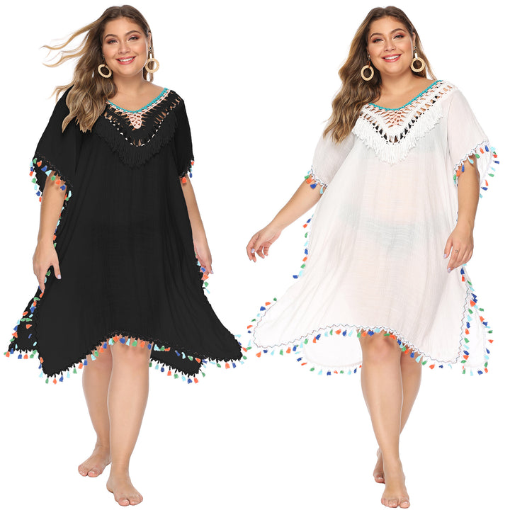 Damen luftiger Strandponcho mit buntem Quastenrand Drune