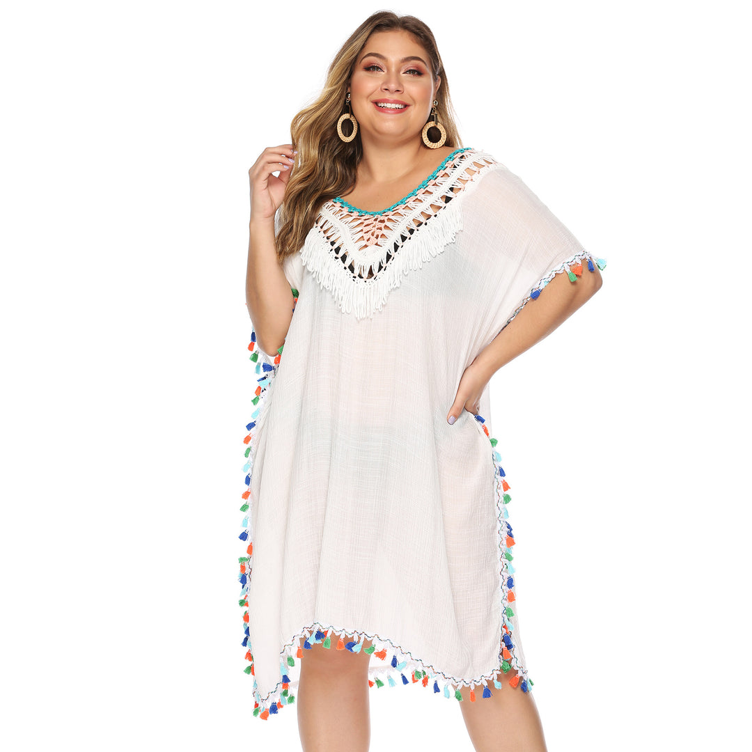 Damen luftiger Strandponcho mit buntem Quastenrand Drune
