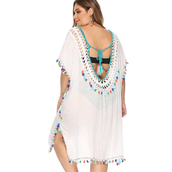 Damen luftiger Strandponcho mit buntem Quastenrand Drune