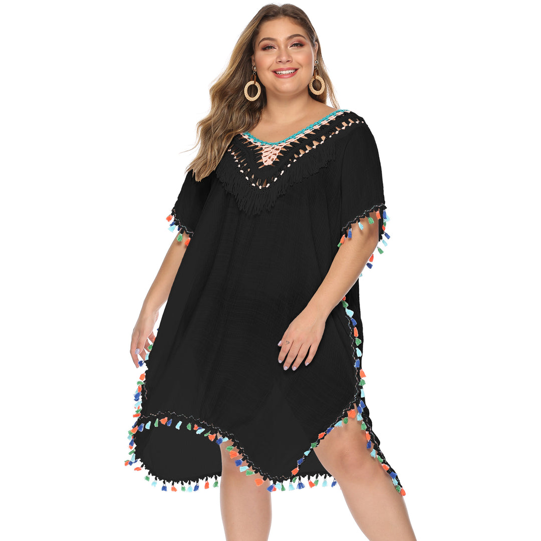 Damen luftiger Strandponcho mit buntem Quastenrand Drune