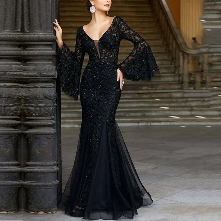Damen Figurbetontes Abendkleid mit schimmernden Verzierungen und elegantem V-Ausschnitt Drune