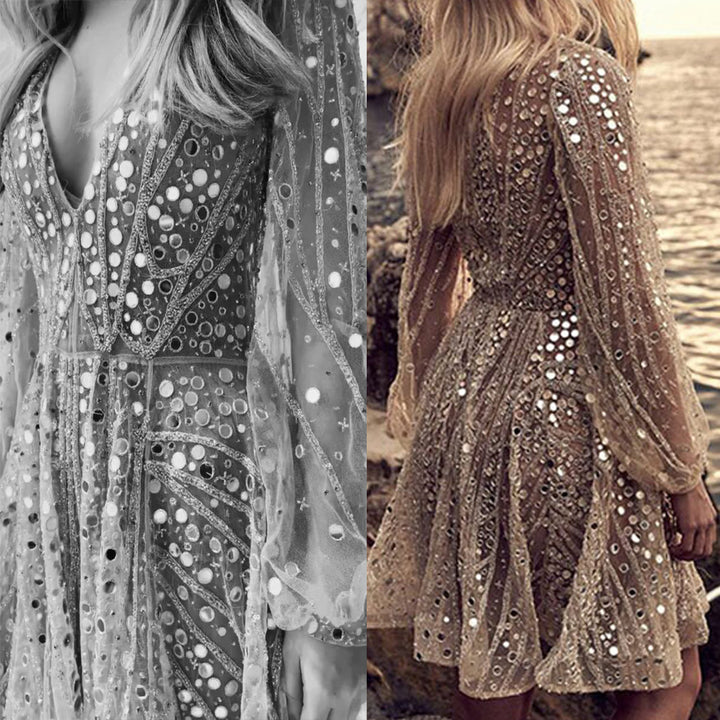 Damen Paillettenbesetztes Tüllkleid mit transparenten Ärmeln und schwingendem Rock Drune