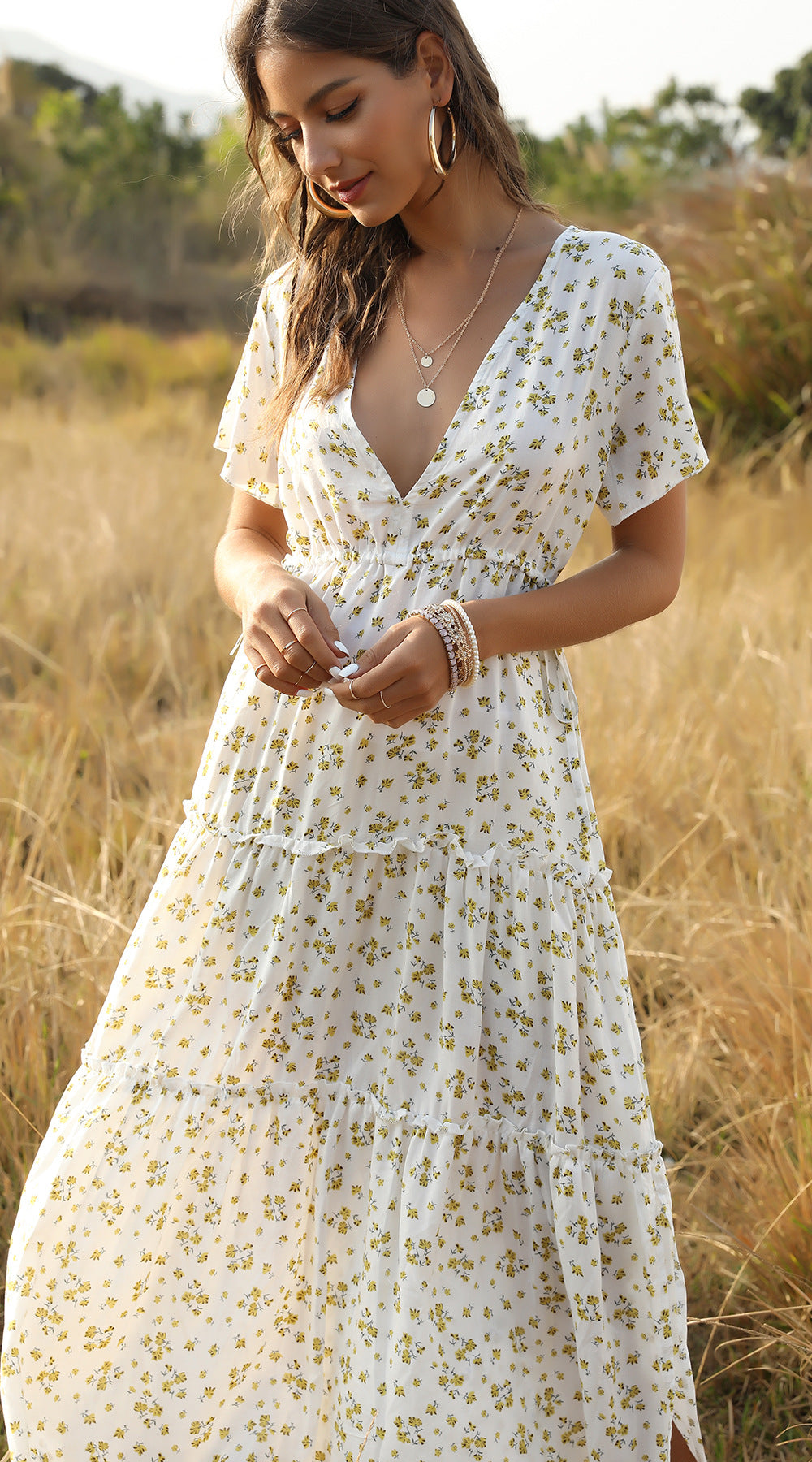 Drune | Sommer Blumenmuster Rüschen Boho Maxi Kleid