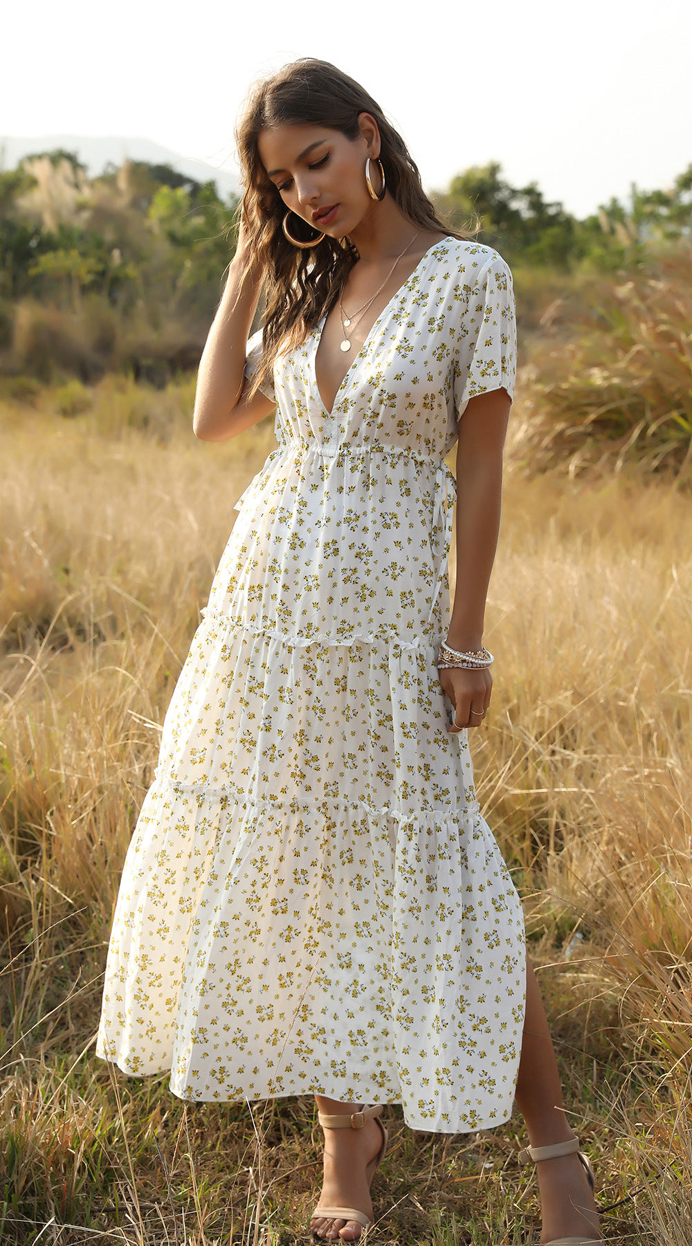 Drune | Sommer Blumenmuster Rüschen Boho Maxi Kleid
