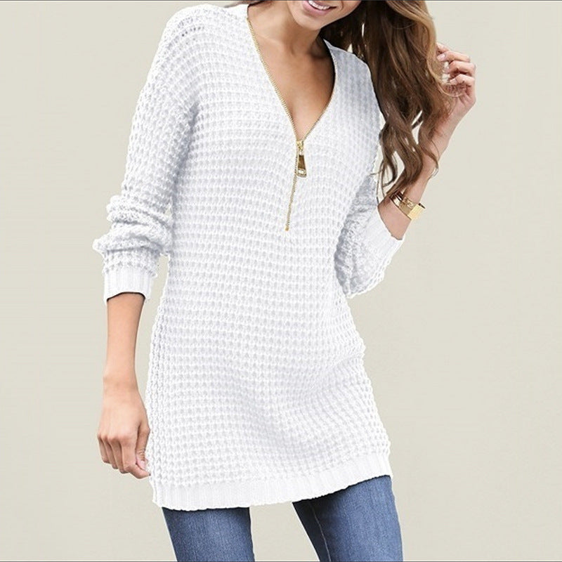 Damen Strickpullover mit kurzem Reißverschluss und Waffelmuster Drune