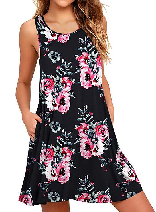 Damen ärmelloses Blumen-Minikleid mit praktischen Eingrifftaschen Drune