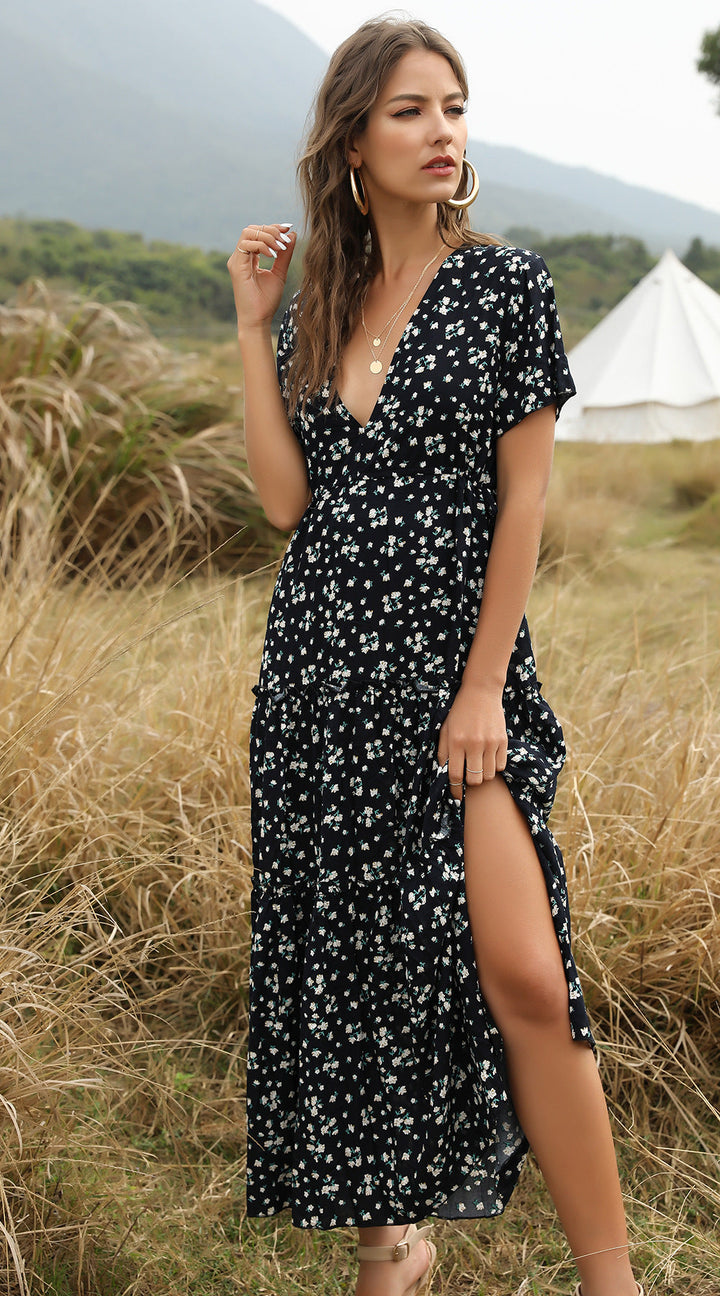 Drune | Sommer Blumenmuster Rüschen Boho Maxi Kleid