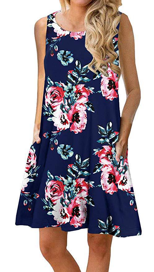Damen ärmelloses Blumen-Minikleid mit praktischen Eingrifftaschen Drune