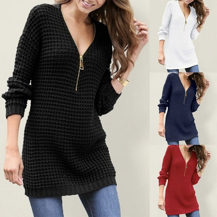 Damen Strickpullover mit kurzem Reißverschluss und Waffelmuster Drune