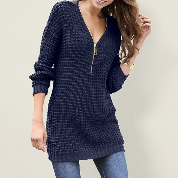 Damen Strickpullover mit kurzem Reißverschluss und Waffelmuster Drune