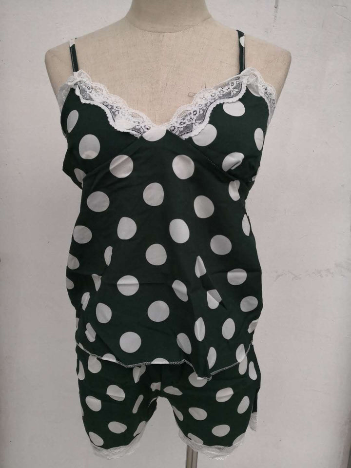 Damen Satin Schlafanzug mit Spitze und Punkten Drune