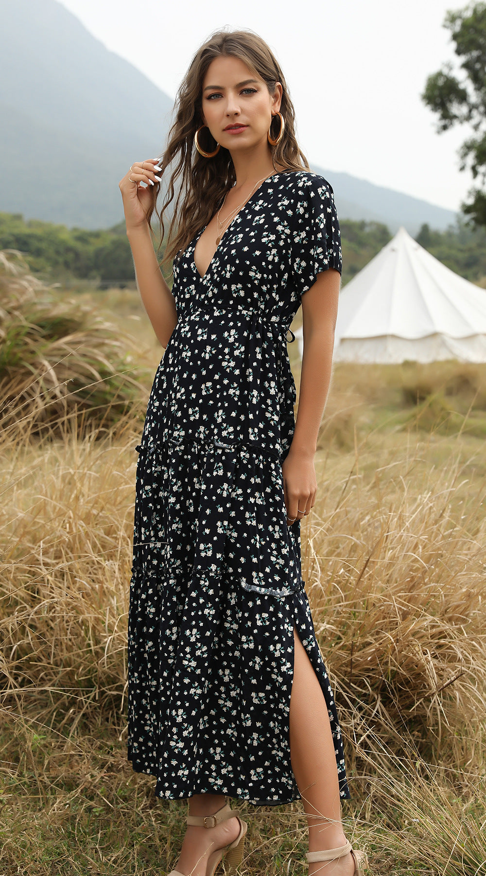 Drune | Sommer Blumenmuster Rüschen Boho Maxi Kleid