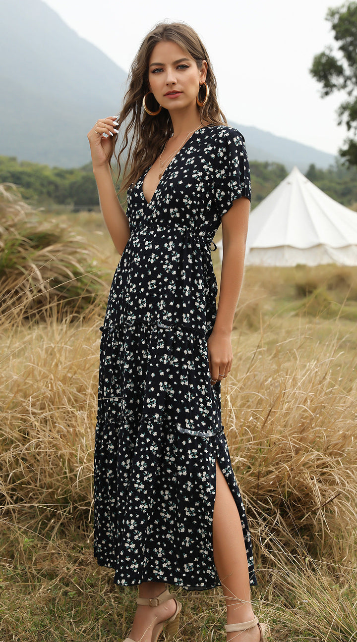 Drune | Sommer Blumenmuster Rüschen Boho Maxi Kleid