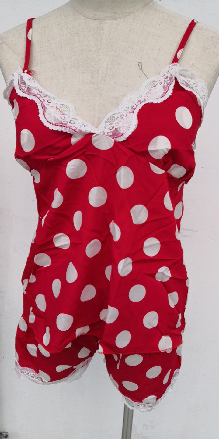 Damen Satin Schlafanzug mit Spitze und Punkten Drune
